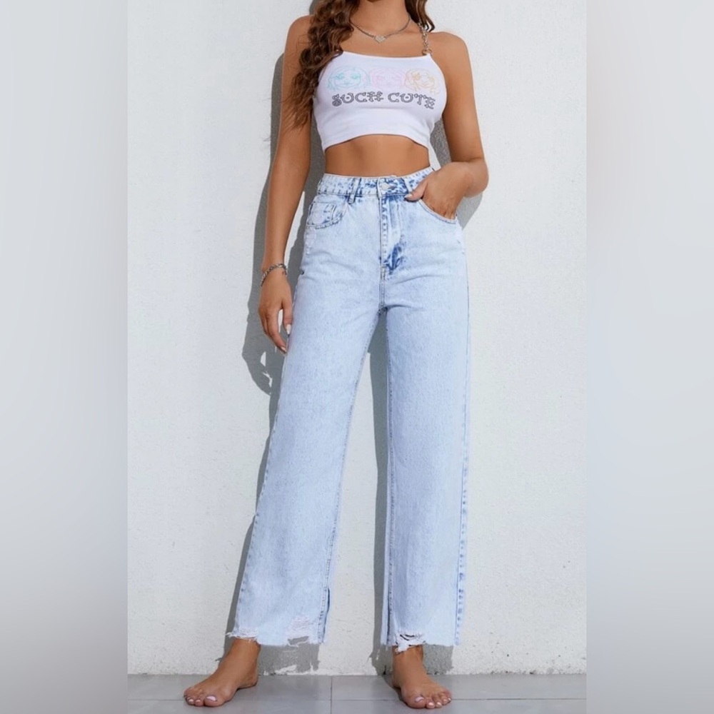 Destrssed Raw Hem Straight Leg Jeans